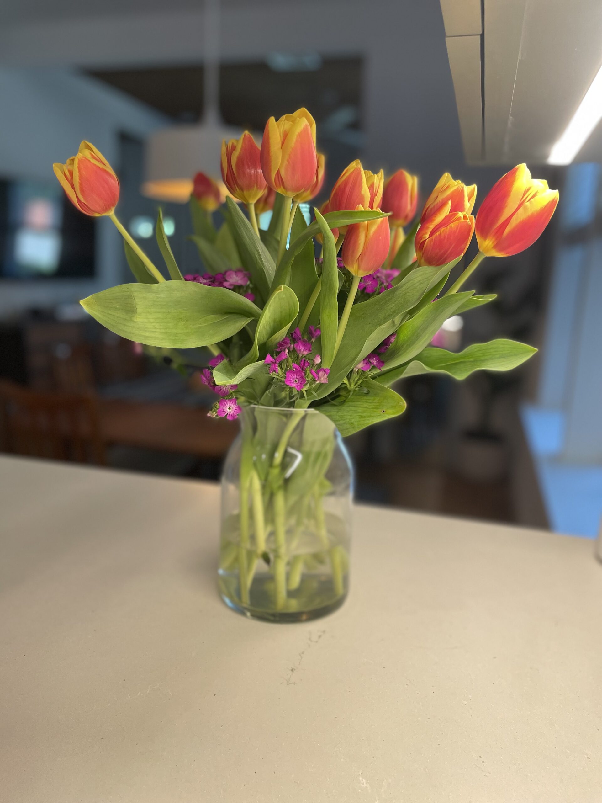 a vase of beautiful orange tulips with yellow tips
