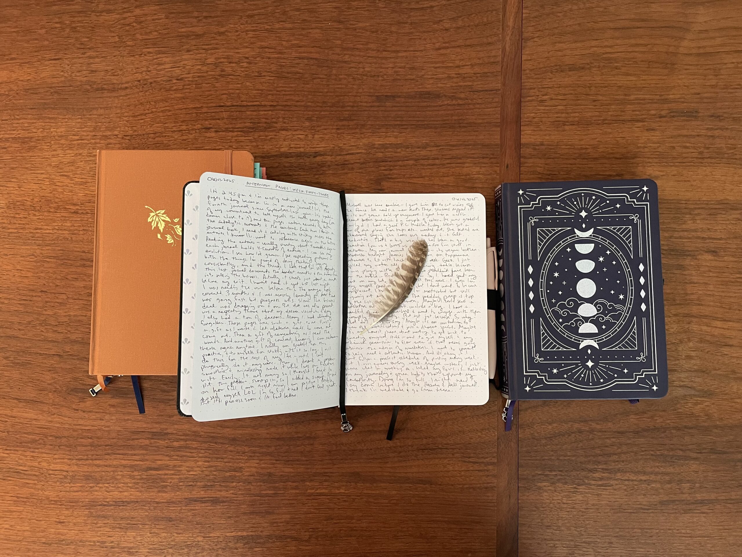 two closed books on a wooden table, one open journal with a feather laying on the page