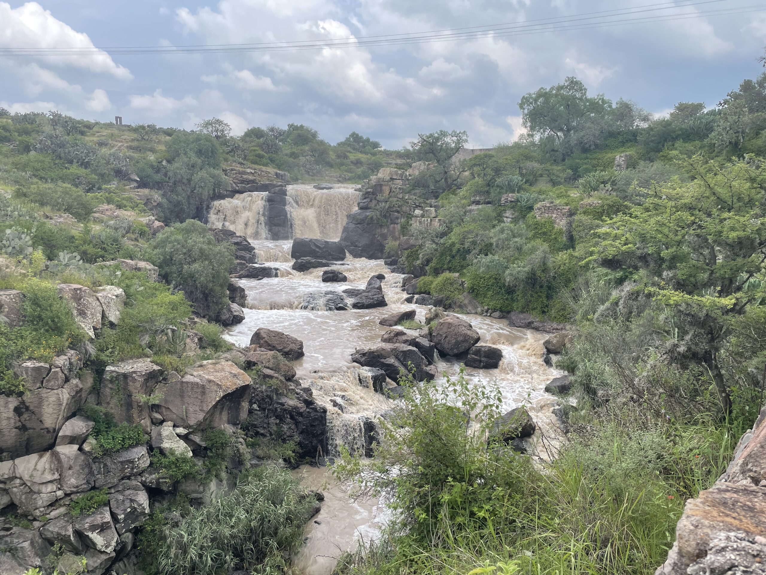 a muddy colored waterfall rushing through a canyon with green foliage on both sides