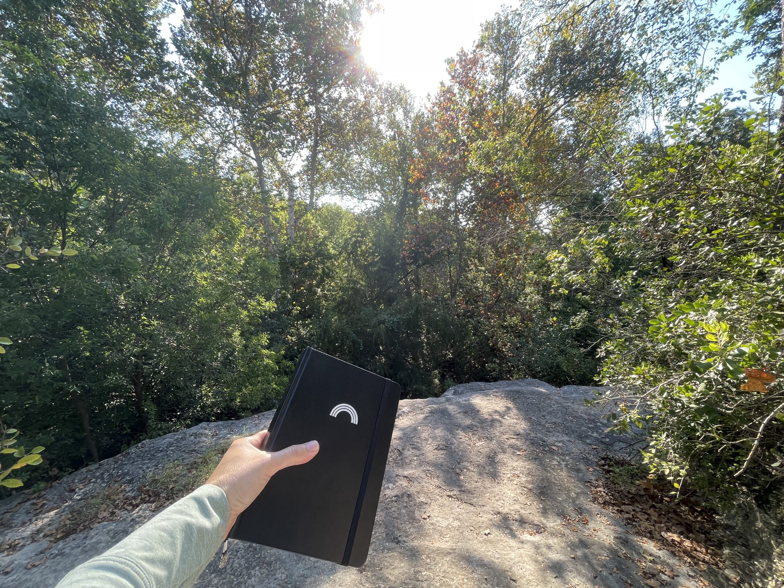 an extended hand holding a black journal with a silver rainbow icon on the front; trees and a large rock are in the background