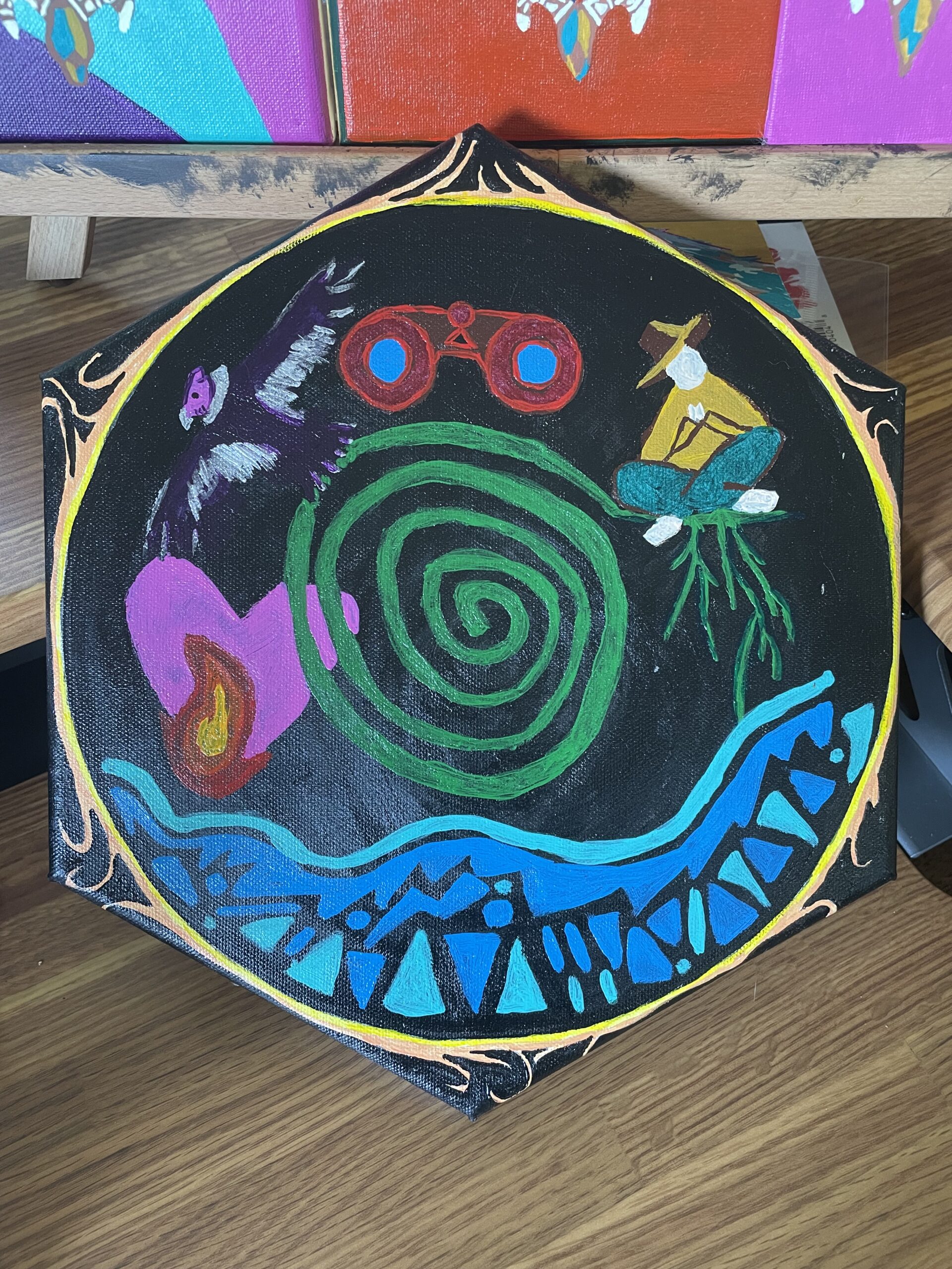 a painted mandala depicting a heart with a flame, binoculars, a condor, a person sitting with roots underneath them, a river flowing, and a PachaMama symbol in the center