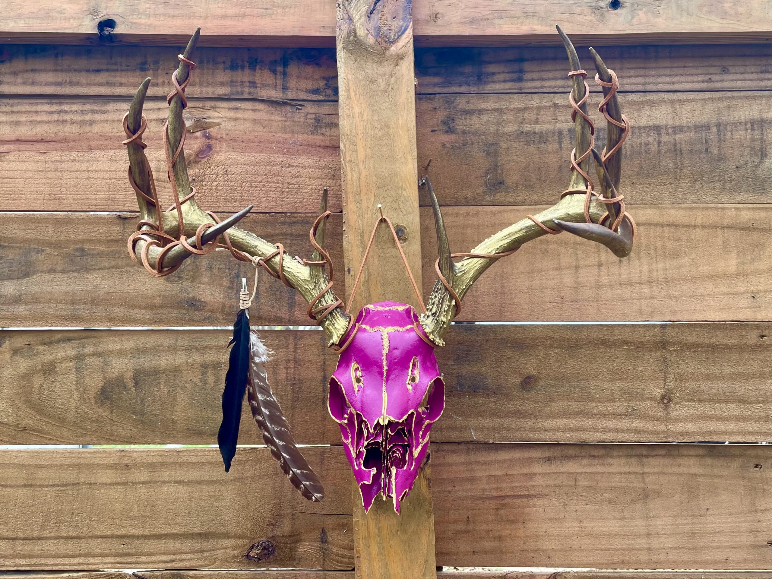a bold magenta and gold painted, 9-point deer skull with feathers hanging from the left antler