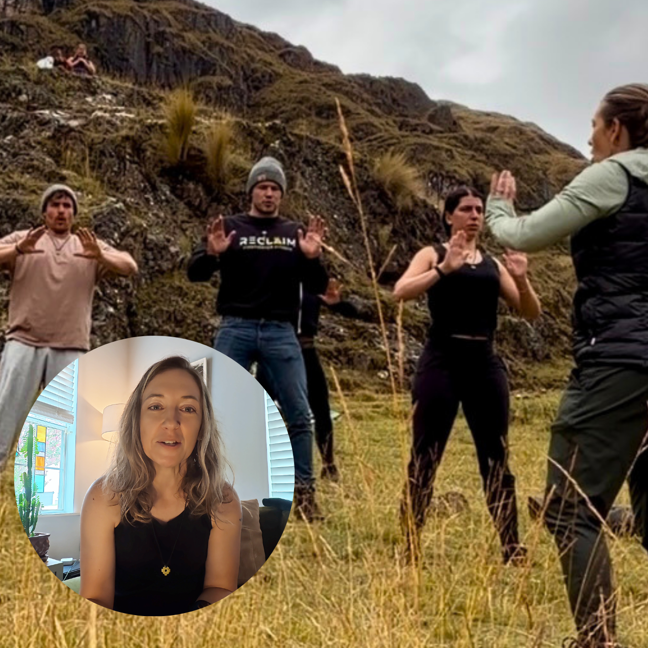 Picture in Picture: small photo of Amber who has shoulder length blonde hair and is wearing a black tank top. Main banner image has a group of people practicing qigong with a rocky landscape in the background